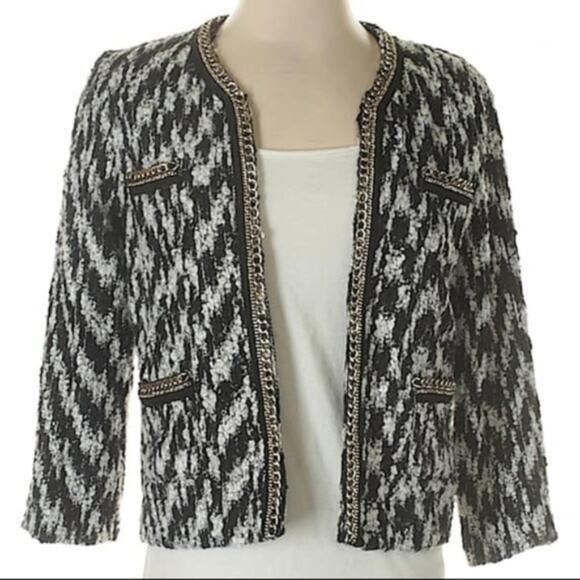 Aryn K. Black & White Tweed Blazer Gold Chain Accent Classic Size Small - Picture 2 of 8